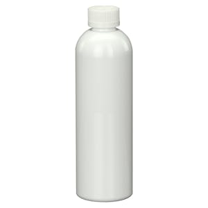 12 oz. White PET Cosmo Round Bottle with 24/410 White Polypropylene Ribbed CRC Cap with F217 Liner