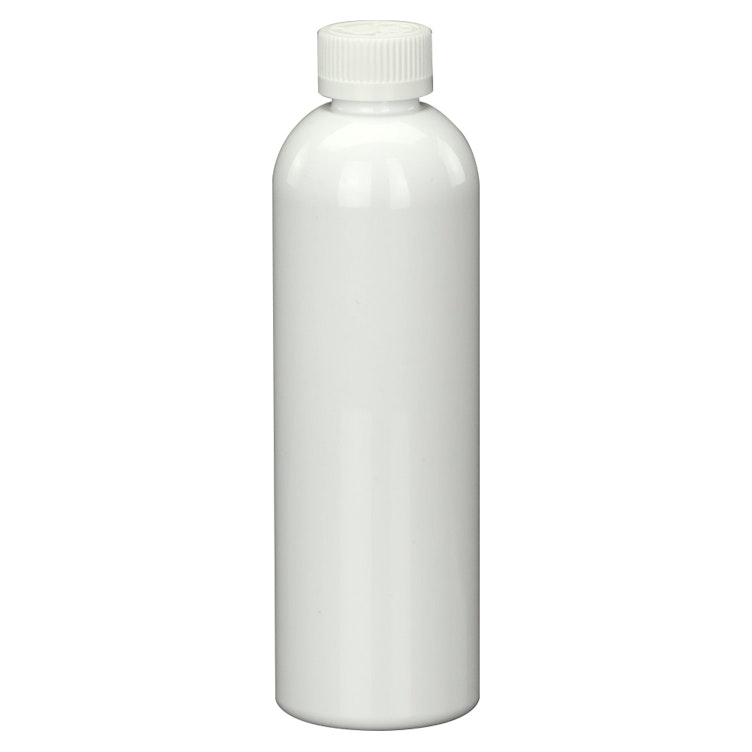 12 oz. White PET Cosmo Round Bottle with 24/400 White Ribbed CRC Cap with F217 Liner