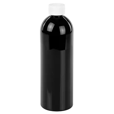 16 oz. Black PET Cosmo Round Bottle with 24/400 White Ribbed CRC Cap with F217 Liner