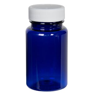 60cc Cobalt Blue PET Packer Bottle with 33/400 White Ribbed Cap with F217 Liner