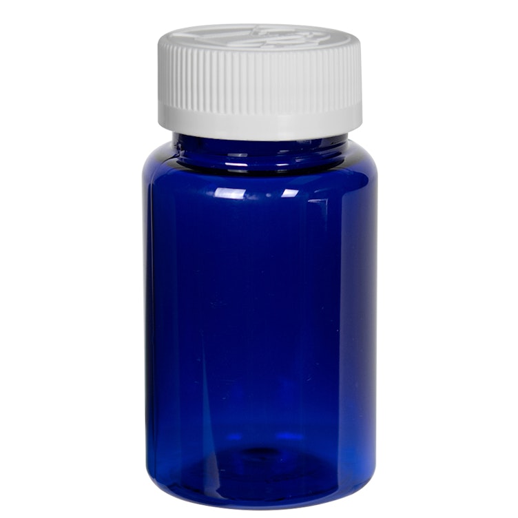 60cc Cobalt Blue PET Packer Bottle with 33/400 White Ribbed CRC Cap with F217 Liner
