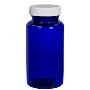 150cc Cobalt Blue PET Packer Bottle with 38/400 White Ribbed Cap with F217 Liner