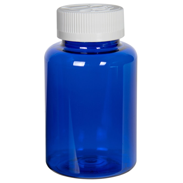 175cc Cobalt Blue PET Packer Bottle with 38/400 White Ribbed CRC Cap with F217 Liner