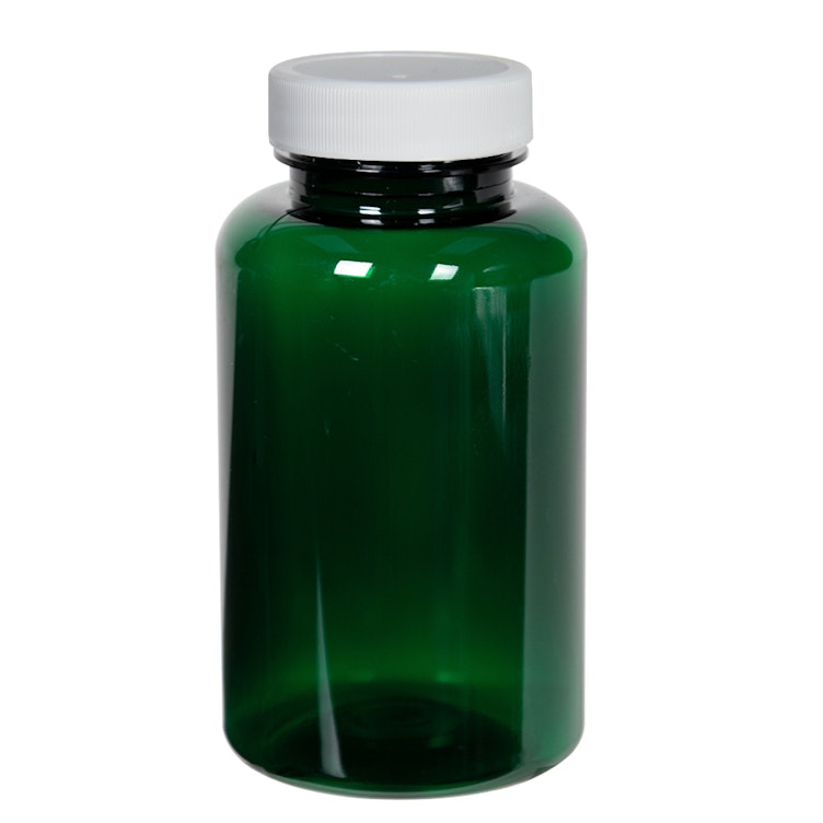 200cc Dark Green PET Packer Bottle with 38/400 White Ribbed Cap with F217 Liner