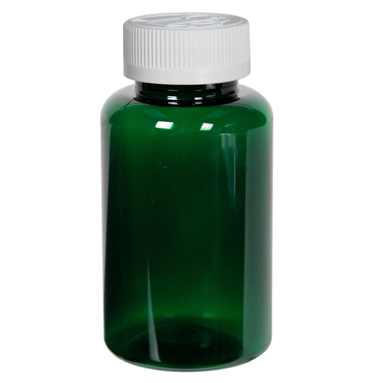 200cc Dark Green PET Packer Bottle with 38/400 White Ribbed CRC Cap with F217 Liner