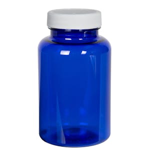225cc Cobalt Blue PET Packer Bottle with 45/400 White Ribbed Cap with F217 Liner