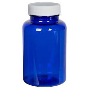 250cc Cobalt Blue PET Packer Bottle with 45/400 White Ribbed Cap with F217 Liner