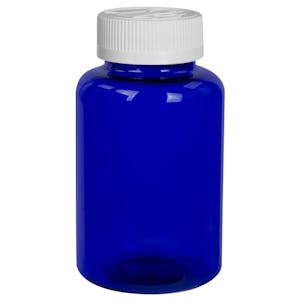 300cc Cobalt Blue PET Packer Bottle with 45/400 White Ribbed CRC Cap with F217 Liner