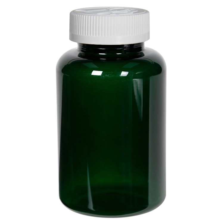 300cc Dark Green PET Packer Bottle with 45/400 White Ribbed CRC Cap with F217 Liner