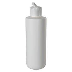 8 oz. White HDPE Cylinder Round Bottom Bottle with 24/410 White Ribbed Flip-Top Dispensing Cap