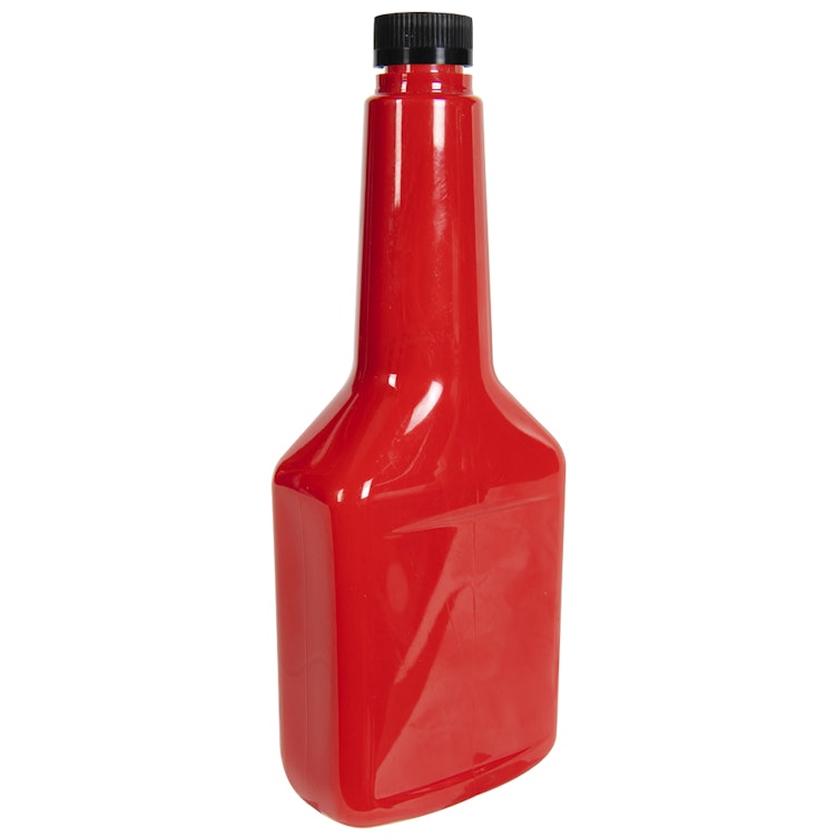 12 oz. Long Neck Red PET Cone Top Bottle with 22/400 Black Ribbed CRC Cap with F217 Liner