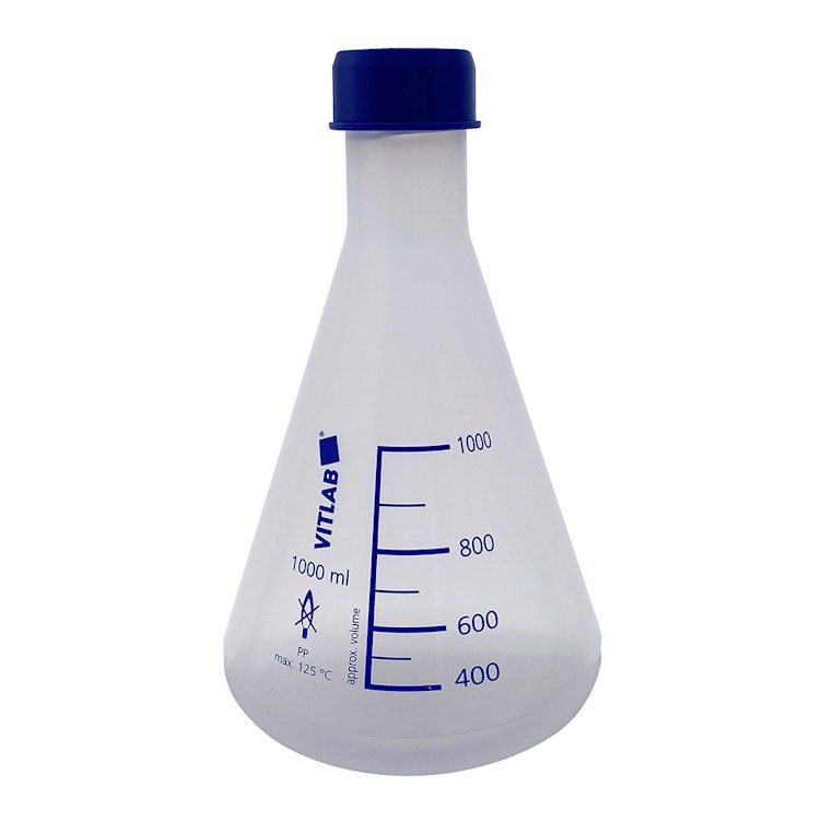 1000mL VitLab® Polypropylene Erlenmeyer Flasks with Blue Screw Closures