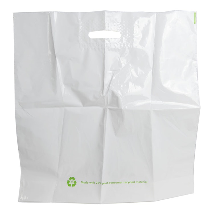 18" W x 19" L + 4" BG 2.25 mil White LDPE (25% PCR Material) Merchandise Bags with Handle - Case of 500