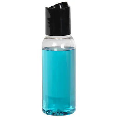 1 oz. Clear PET High Clarity Cosmo Round Bottle with 20/410 Black Polypropylene Disc-Top Dispensing Cap