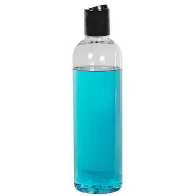 3 oz. Clear PET High Clarity Cosmo Round Bottle with 20/410 Black Polypropylene Disc-Top Dispensing Cap