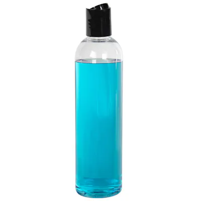 8 oz. Clear PET High Clarity Cosmo Round Bottle with 24/410 Black Polypropylene Disc-Top Dispensing Cap