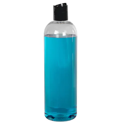 12 oz. Clear PET High Clarity Cosmo Round Bottle with 24/410 Black Polypropylene Disc-Top Dispensing Cap