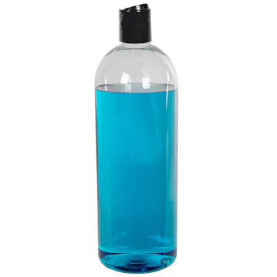 32 oz. Clear PET High Clarity Cosmo Round Bottle with 28/410 Black Polypropylene Disc-Top Dispensing Cap