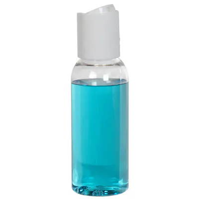 1 oz. Clear PET High Clarity Cosmo Round Bottle with 20/410 White Polypropylene Disc-Top Dispensing Cap