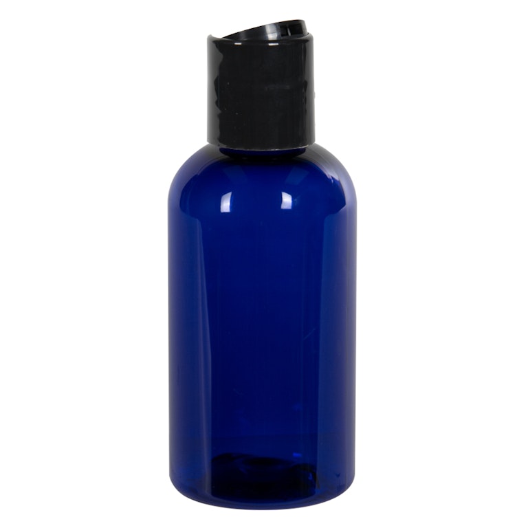 2 oz. Cobalt Blue PET Traditional Boston Round Bottle with 20/410 Black Polypropylene Dispensing Disc-Top Cap