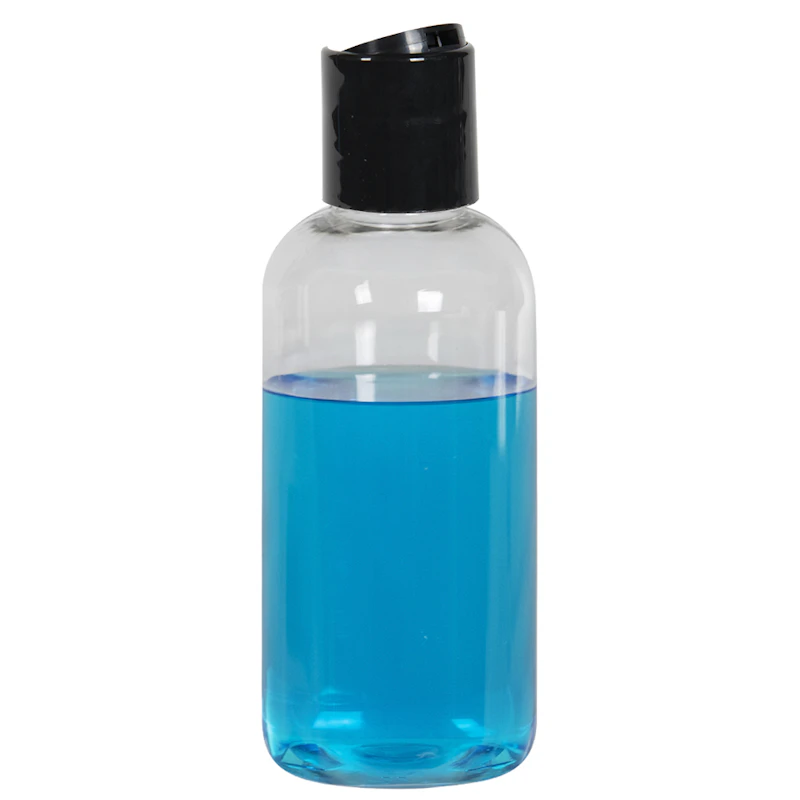 4 oz. Clear PET Traditional Boston Round Bottle with 24/410 Black Polypropylene Disc-Top Dispensing Cap