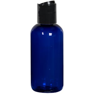 4 oz. Cobalt Blue PET Traditional Boston Round Bottle with 24/410 Black Polypropylene Dispensing Disc-Top Cap