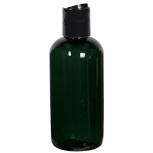 4 oz. Dark Green PET Traditional Boston Round Bottle with 24/410 Black Polypropylene Dispensing Disc-Top Cap