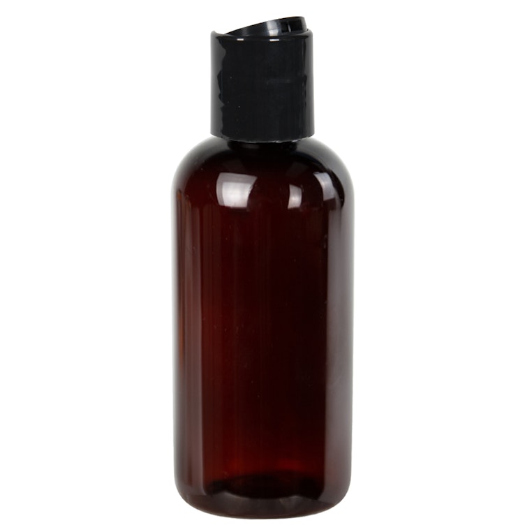 4 oz. Light Amber PET Traditional Boston Round Bottle with 24/410 Black Polypropylene Dispensing Disc-Top Cap