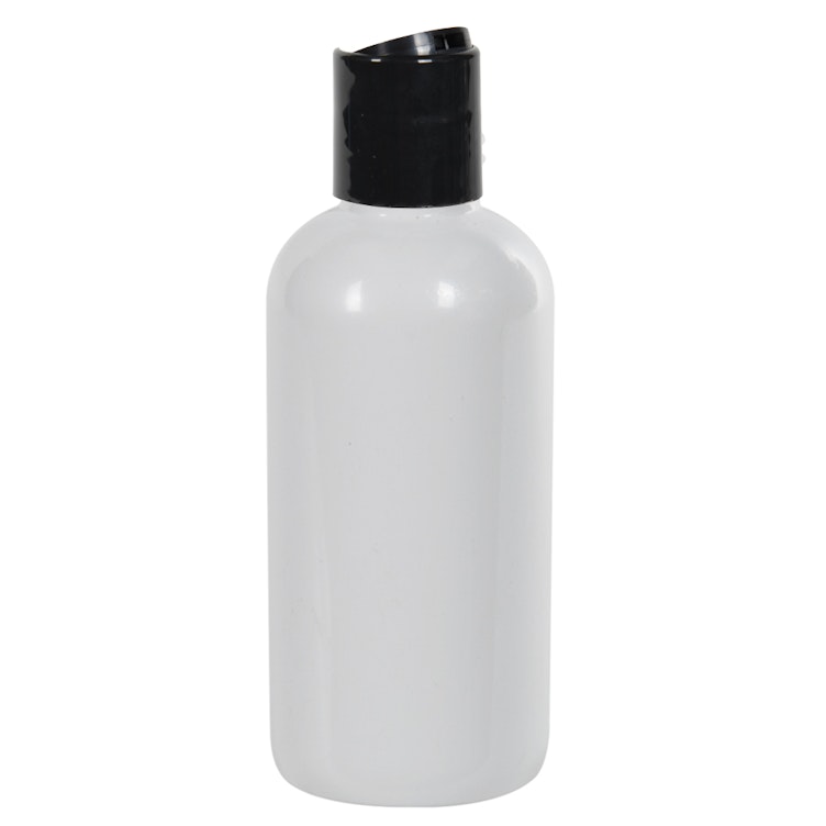 4 oz. White PET Traditional Boston Round Bottle with 24/410 Black Polypropylene Dispensing Disc-Top Cap