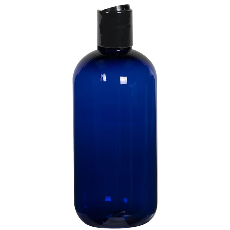 8 oz. Cobalt Blue PET Traditional Boston Round Bottle with 24/410 Black Polypropylene Disc-Top Dispensing Cap