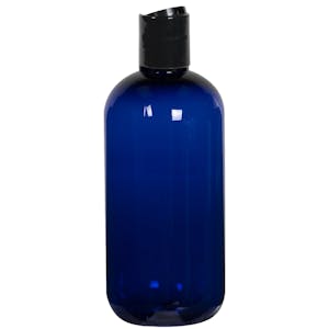 8 oz. Cobalt Blue PET Traditional Boston Round Bottle with 24/410 Black Polypropylene Dispensing Disc-Top Cap
