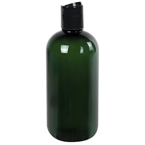 8 oz. Dark Green PET Traditional Boston Round Bottle with 24/410 Black Polypropylene Dispensing Disc-Top Cap