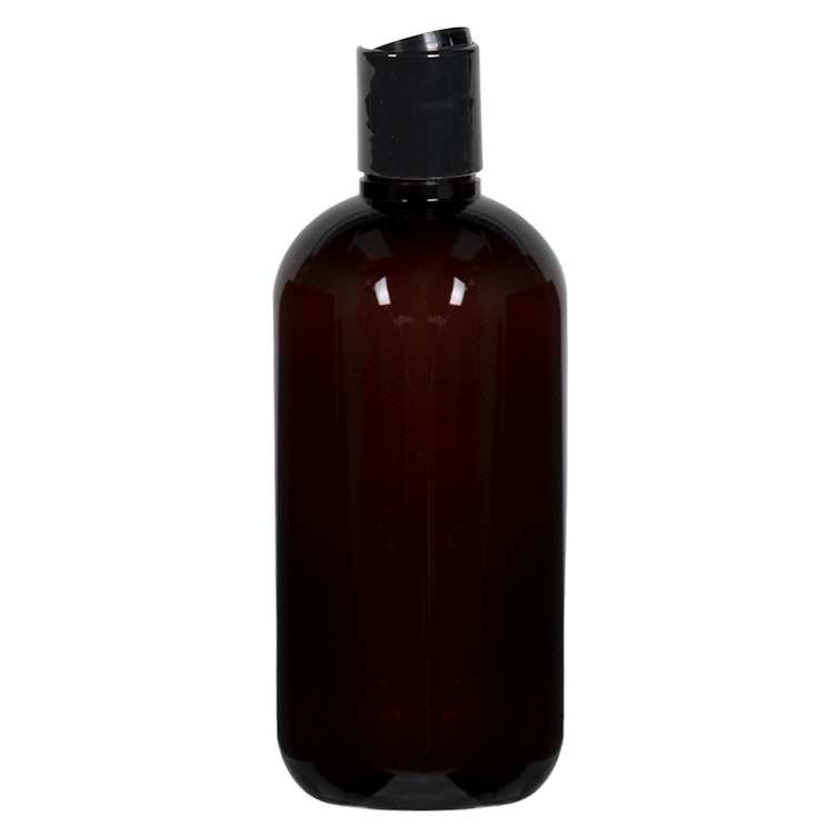 8 oz. Light Amber PET Traditional Boston Round Bottle with 24/410 Black Polypropylene Dispensing Disc-Top Cap