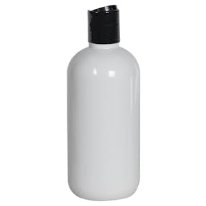 8 oz. White PET Traditional Boston Round Bottle with 24/410 Black Polypropylene Dispensing Disc-Top Cap
