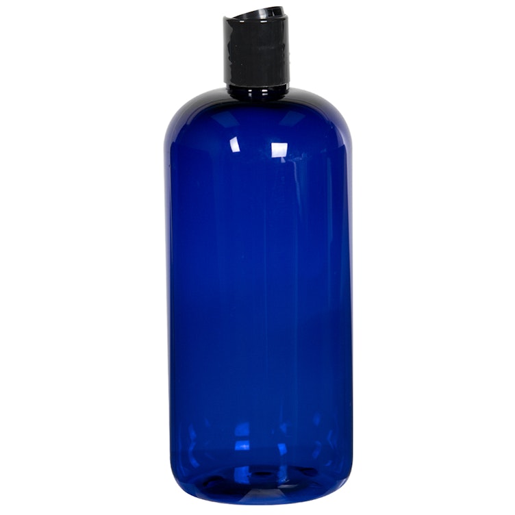 16 oz. Cobalt Blue PET Traditional Boston Round Bottle with 24/410 Black Polypropylene Dispensing Disc-Top Cap