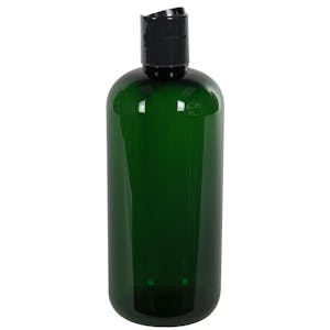 16 oz. Dark Green PET Traditional Boston Round Bottle with 24/410 Black Polypropylene Dispensing Disc-Top Cap
