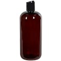 16 oz. Light Amber PET Traditional Boston Round Bottle with 24/410 Black Polypropylene Dispensing Disc-Top Cap
