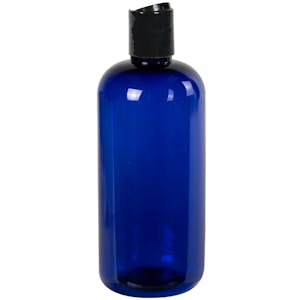 16 oz. Cobalt Blue PET Traditional Boston Round Bottle with 28/410 Black Polypropylene Dispensing Disc-Top Cap