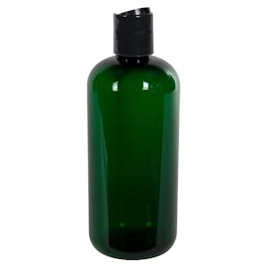 16 oz. Dark Green PET Traditional Boston Round Bottle with 28/410 Black Polypropylene Dispensing Disc-Top Cap