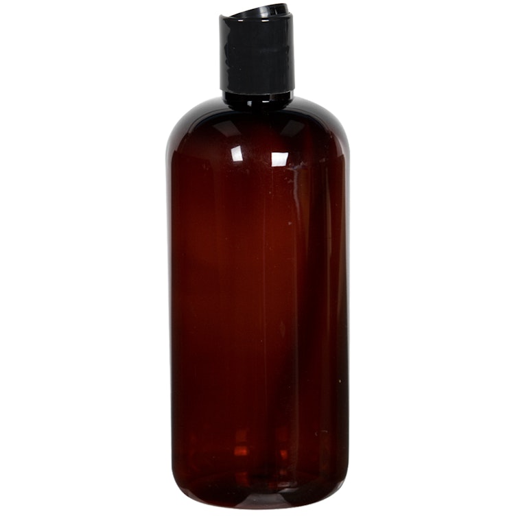 16 oz. Light Amber PET Traditional Boston Round Bottle with 28/410 Black Polypropylene Dispensing Disc-Top Cap