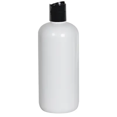 16 oz. White PET Traditional Boston Round Bottle with 28/410 Black Polypropylene Disc-Top Dispensing Cap