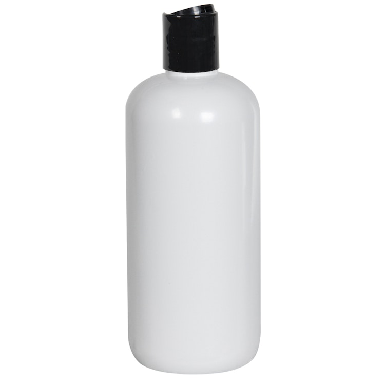 16 oz. White PET Traditional Boston Round Bottle with 28/410 Black Polypropylene Dispensing Disc-Top Cap