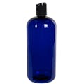 32 oz. Cobalt Blue PET Traditional Boston Round Bottle with 28/410 Black Polypropylene Dispensing Disc-Top Cap