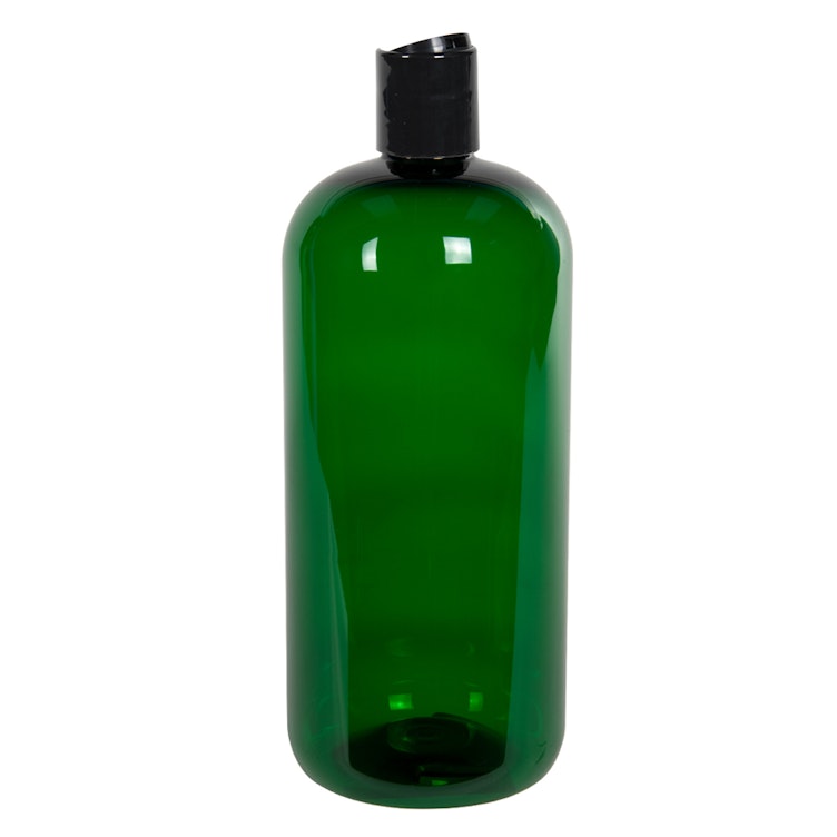 32 oz. Dark Green PET Traditional Boston Round Bottle with 28/410 Black Polypropylene Dispensing Disc-Top Cap
