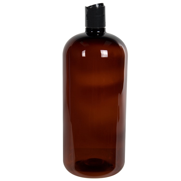 32 oz. Light Amber PET Traditional Boston Round Bottle with 28/410 Black Polypropylene Dispensing Disc-Top Cap