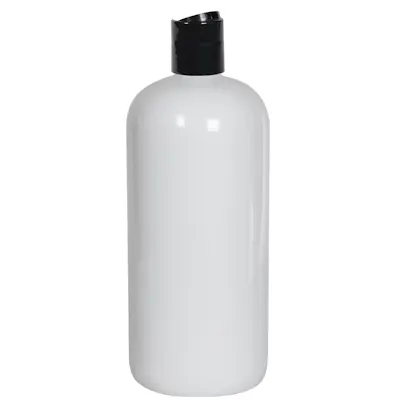 32 oz. White PET Traditional Boston Round Bottle with 28/410 Black Polypropylene Disc-Top Dispensing Cap