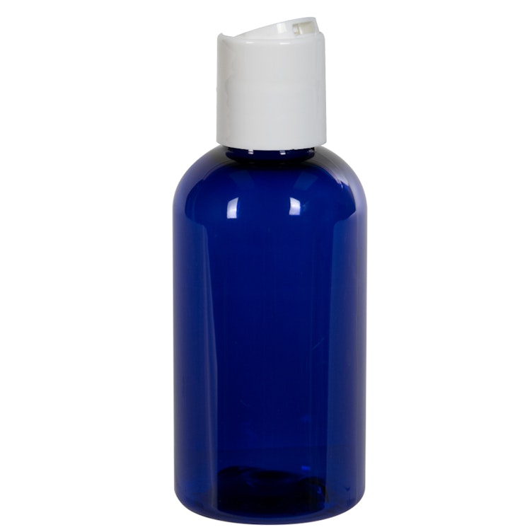 2 oz. Cobalt Blue PET Traditional Boston Round Bottle with 20/410 White Polypropylene Dispensing Disc-Top Cap