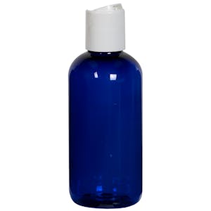 4 oz. Cobalt Blue PET Traditional Boston Round Bottle with 24/410 White Polypropylene Dispensing Disc-Top Cap