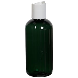 4 oz. Dark Green PET Traditional Boston Round Bottle with 24/410 White Polypropylene Dispensing Disc-Top Cap