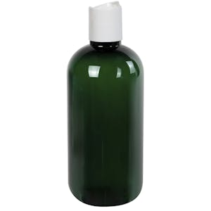 8 oz. Dark Green PET Traditional Boston Round Bottle with 24/410 White Polypropylene Dispensing Disc-Top Cap